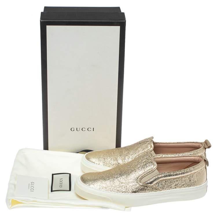 Pre Owned Gucci Metallic Gold Foil Leather Slip On Sneakers Size 37