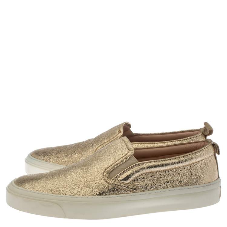 Pre Owned Gucci Metallic Gold Foil Leather Slip On Sneakers Size 37