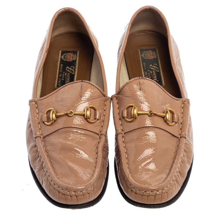 Pre Owned Gucci Beige Patent Leather 1953 Horsebit Slip On Loafers Size 36 
