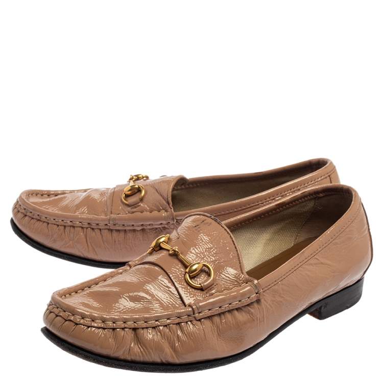 Pre Owned Gucci Beige Patent Leather 1953 Horsebit Slip On Loafers Size 36 
