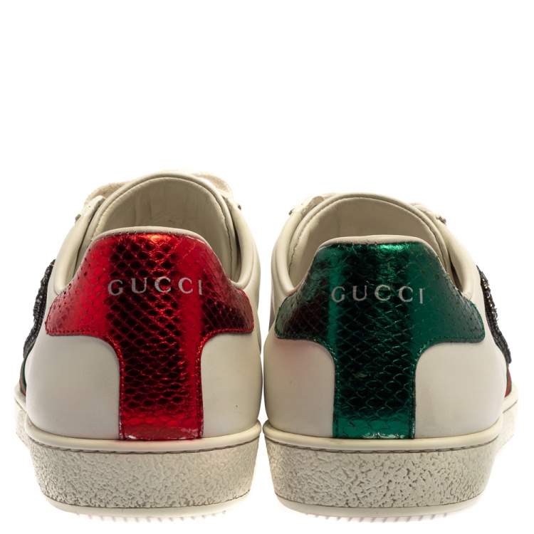 Pre Owned Gucci White Leather Embossed Python Trim Web Detail Embellishment Ace Low Top Sneakers Size 40