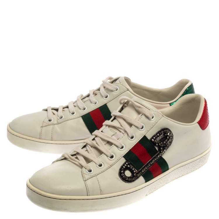 Pre Owned Gucci White Leather Embossed Python Trim Web Detail Embellishment Ace Low Top Sneakers Size 40