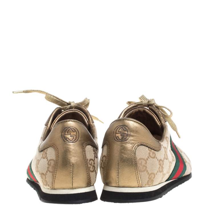 Pre Owned Gucci Gold/Beige GG Canvas And Leather Web Low Top Sneakers Size 37.5