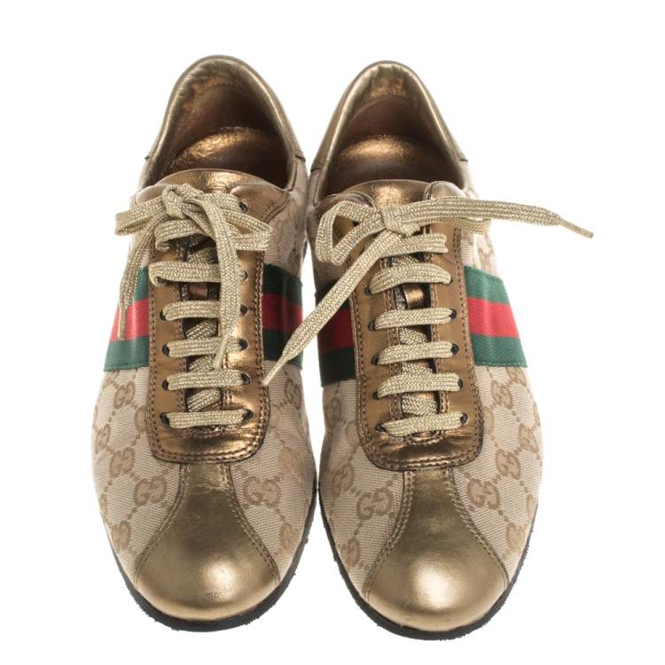 Pre Owned Gucci Gold/Beige GG Canvas And Leather Web Low Top Sneakers Size 37.5