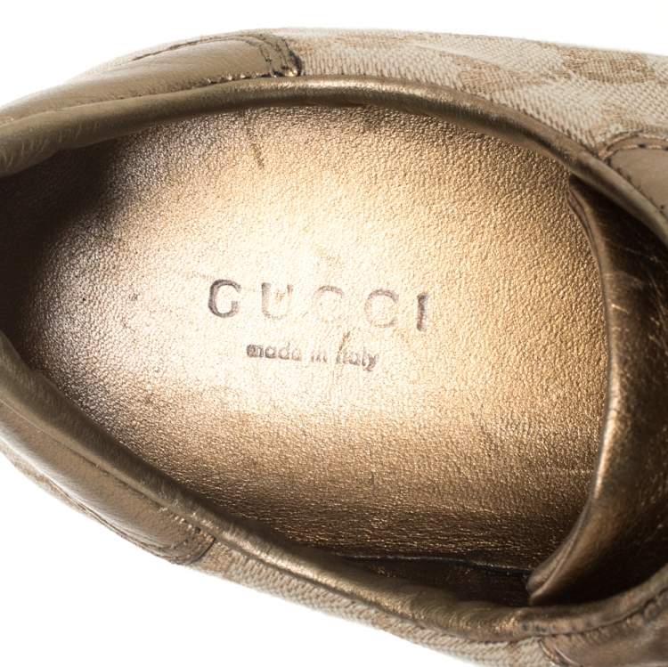 Pre Owned Gucci Gold/Beige GG Canvas And Leather Web Low Top Sneakers Size 37.5