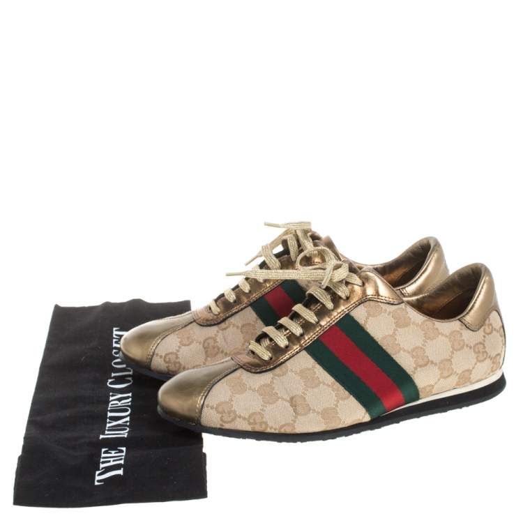 Pre Owned Gucci Gold/Beige GG Canvas And Leather Web Low Top Sneakers Size 37.5