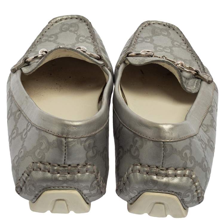 Pre Owned Gucci Silver Guccissima Leather Horsebit Driving Loafers Size 37