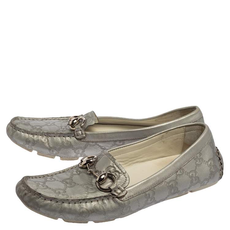 Pre Owned Gucci Silver Guccissima Leather Horsebit Driving Loafers Size 37