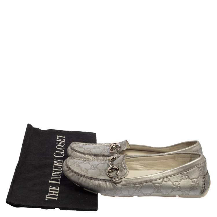 Pre Owned Gucci Silver Guccissima Leather Horsebit Driving Loafers Size 37