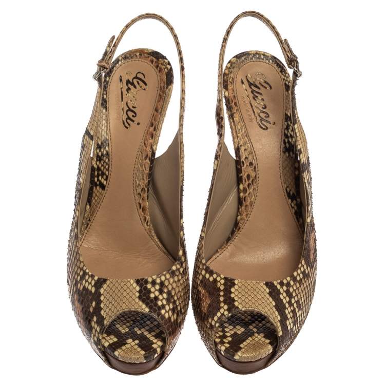 Pre Owned Gucci Beige Snakeskin Slingback Peep Toe Sandals Size 40.5