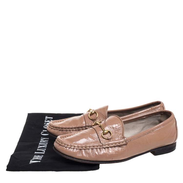 Pre Owned Gucci Beige Patent Leather Horsebit Slip On Loafers Size 38