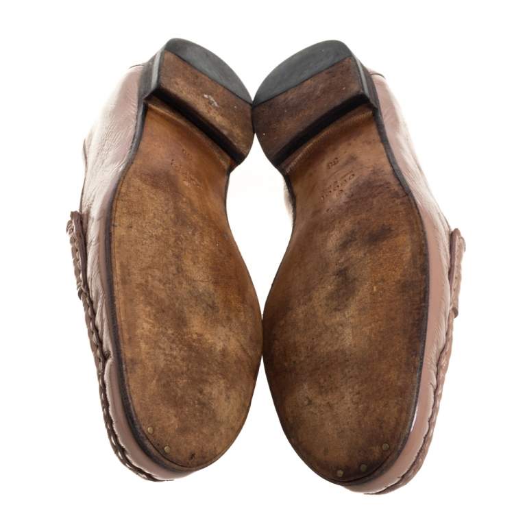 Pre Owned Gucci Beige Patent Leather Horsebit Slip On Loafers Size 38