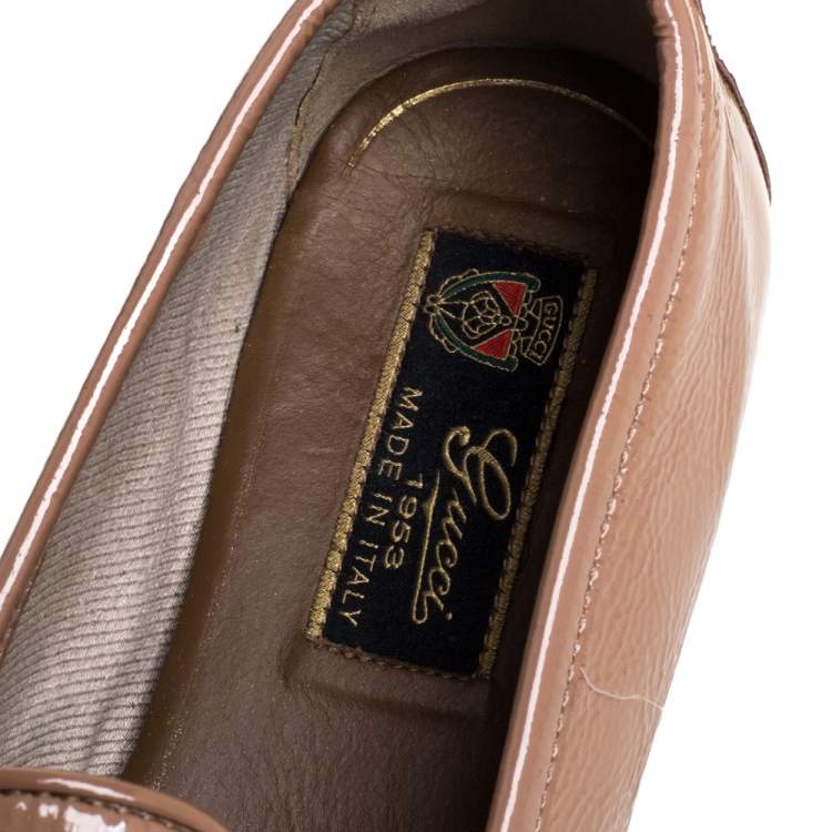 Pre Owned Gucci Beige Patent Leather Horsebit Slip On Loafers Size 38