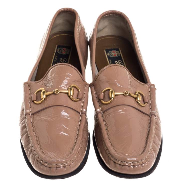 Pre Owned Gucci Beige Patent Leather Horsebit Slip On Loafers Size 38