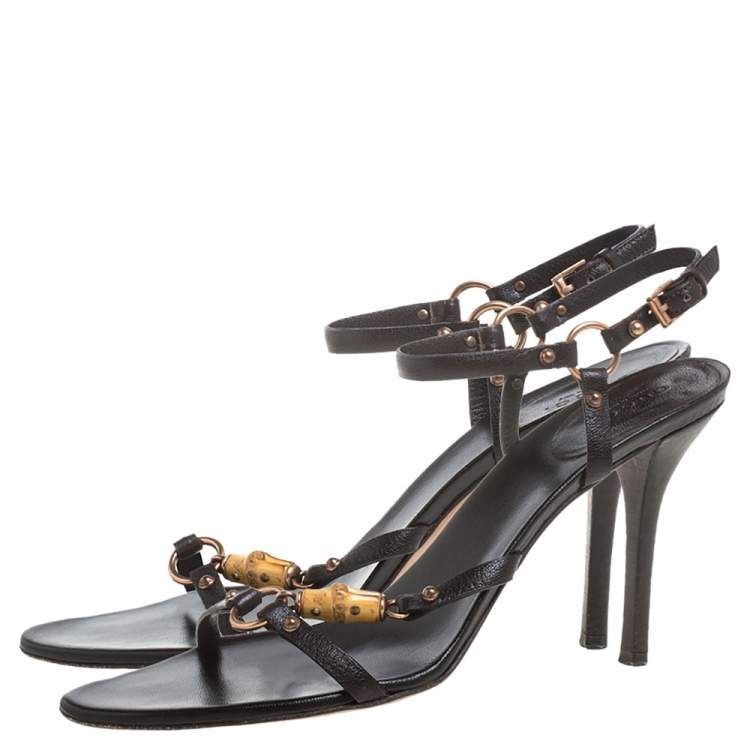 Pre Owned Gucci Black Leather Bamboo Tassel Open Toe Sandal Size 38.5