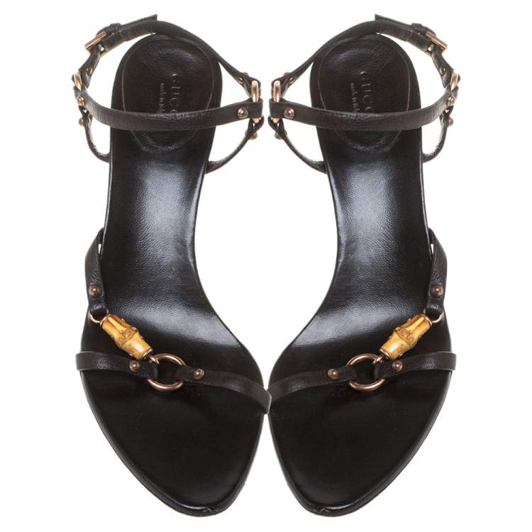 Pre Owned Gucci Black Leather Bamboo Tassel Open Toe Sandal Size 38.5