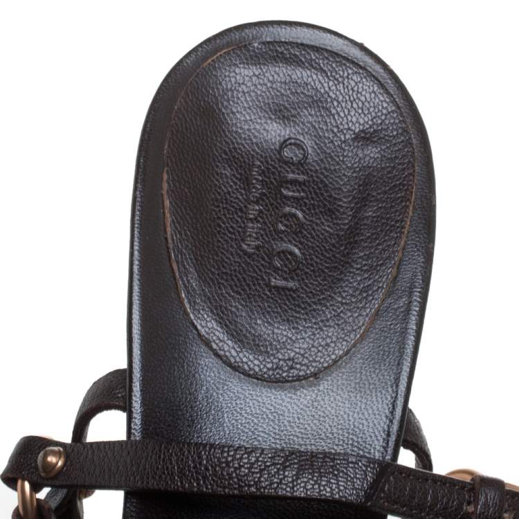 Pre Owned Gucci Black Leather Bamboo Tassel Open Toe Sandal Size 38.5