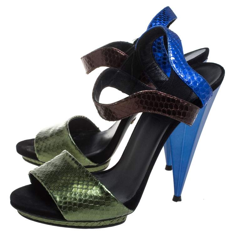 Pre Owned Gucci Multicolor Python Liberty Open Toe Ankle Strap Sandals Size 40