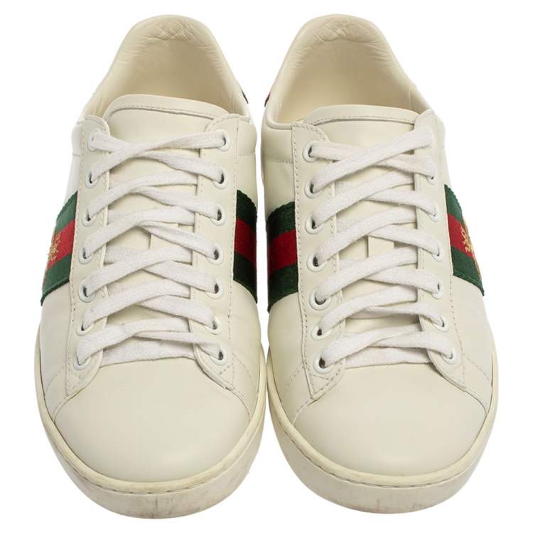 Pre Owned Gucci White Leather Bee Ace Low-Top Sneakers Size 35.5