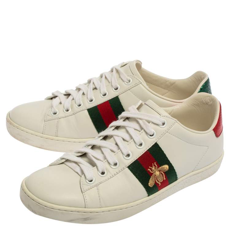 Pre Owned Gucci White Leather Bee Ace Low-Top Sneakers Size 35.5