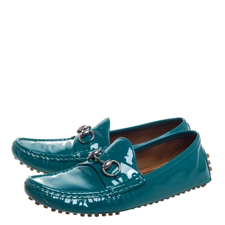 Pre Owned Gucci Blue Patent Leather Horsebit  Loafers Size 37.5