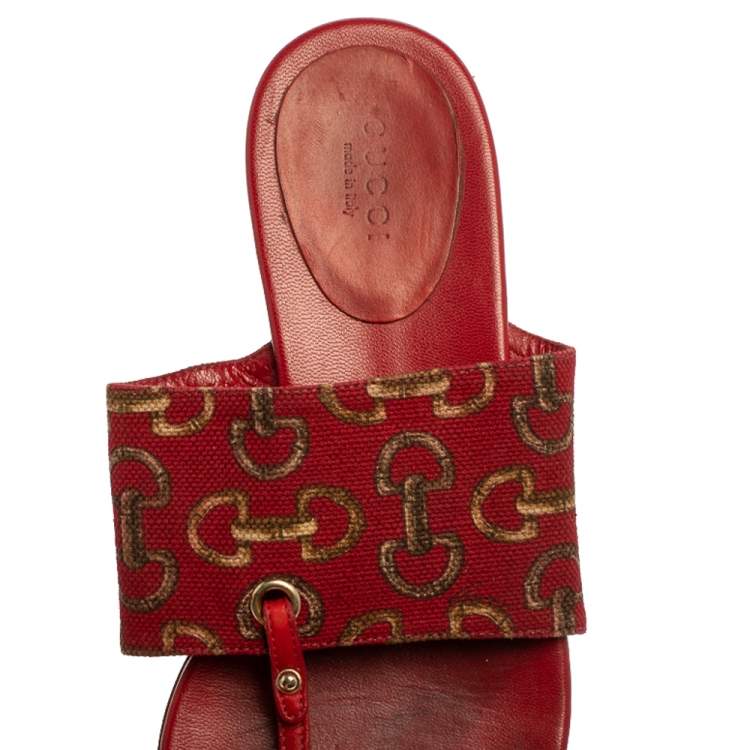 Pre Owned Gucci Red Canvas And Leather Thong Flats Sandals Size 36.5