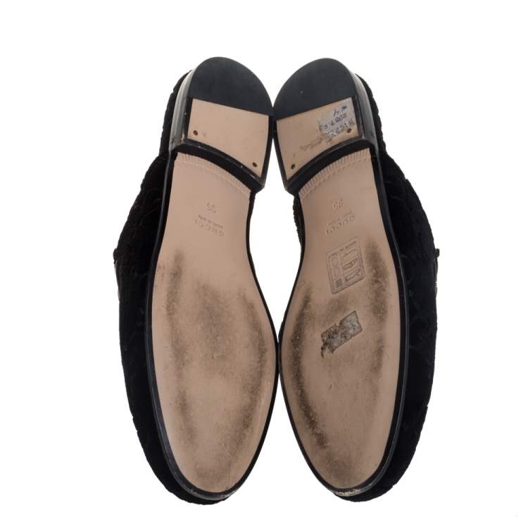 Pre Owned Gucci Black GG Velvet And Leather Princetown Horsebit Flat Mules Size 35