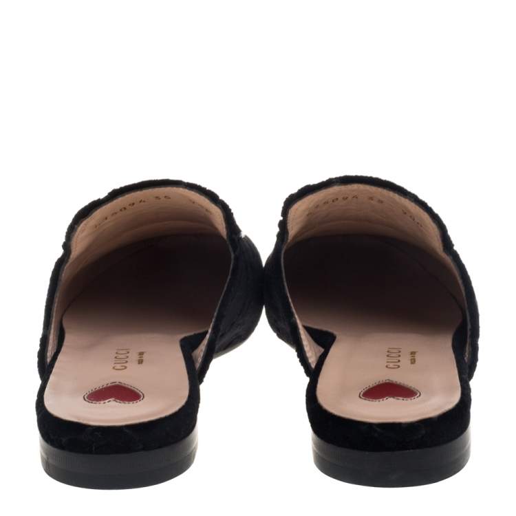 Pre Owned Gucci Black GG Velvet And Leather Princetown Horsebit Flat Mules Size 35