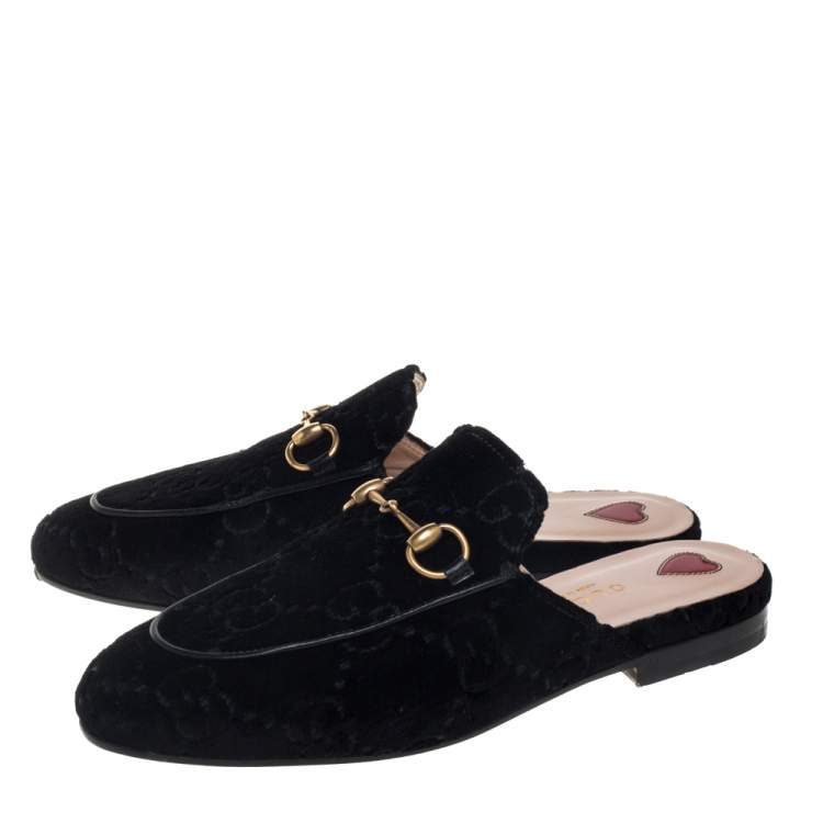 Pre Owned Gucci Black GG Velvet And Leather Princetown Horsebit Flat Mules Size 35
