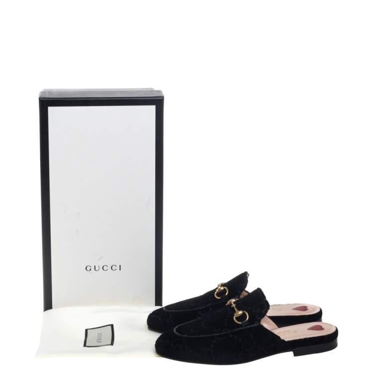 Pre Owned Gucci Black GG Velvet And Leather Princetown Horsebit Flat Mules Size 35