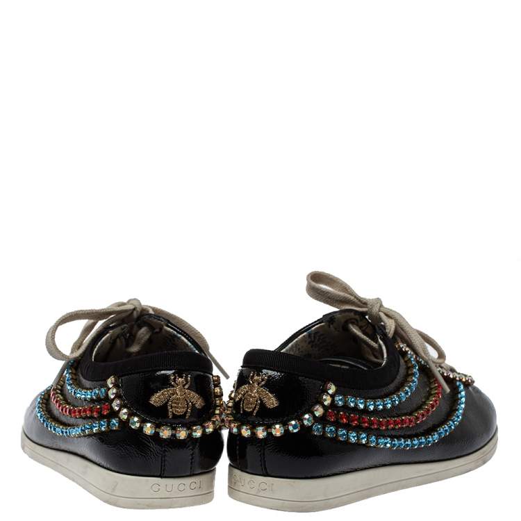 Pre Owned Gucci Black Leather Crystal Trim Sneakers Size 35