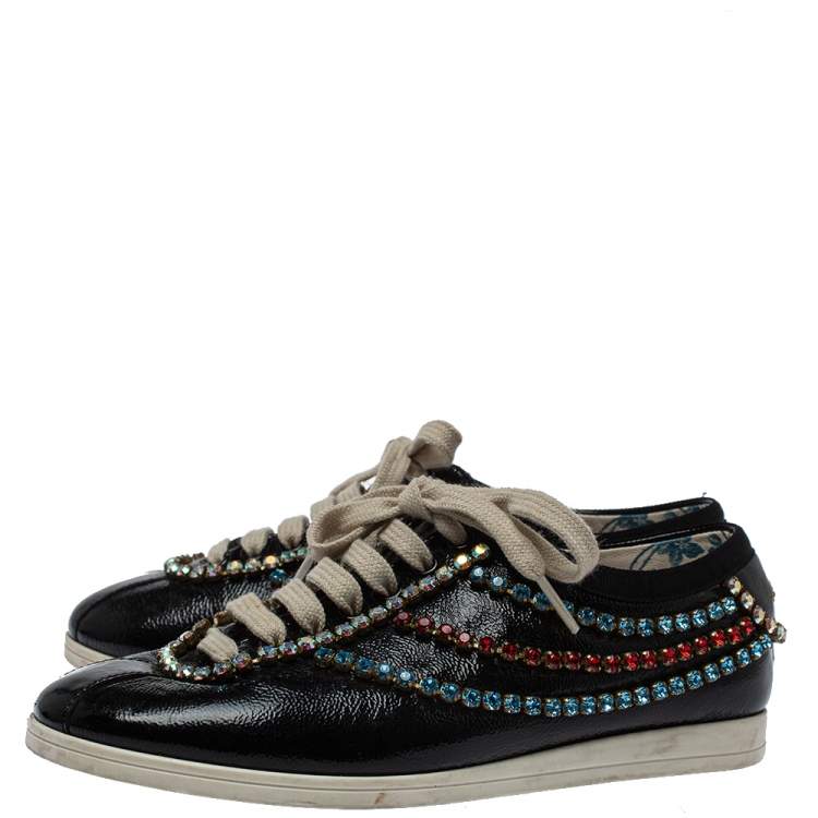 Pre Owned Gucci Black Leather Crystal Trim Sneakers Size 35