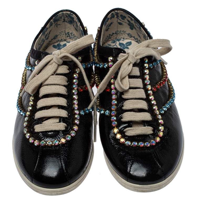 Pre Owned Gucci Black Leather Crystal Trim Sneakers Size 35