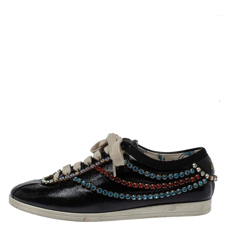 Pre Owned Gucci Black Leather Crystal Trim Sneakers Size 35