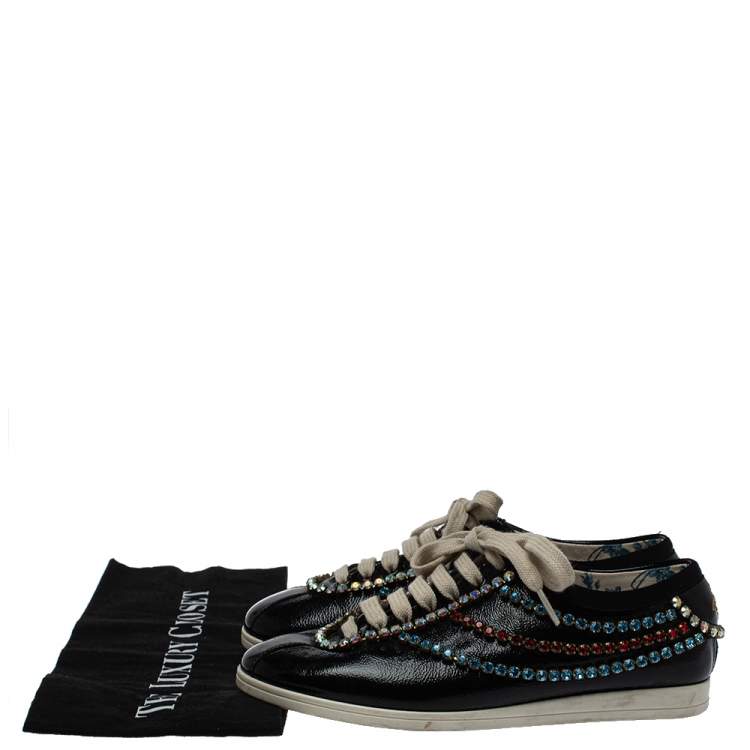 Pre Owned Gucci Black Leather Crystal Trim Sneakers Size 35