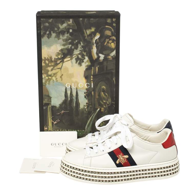 Pre Owned Gucci White Leather Ace Crystal Embellished Platform Sneakers Size 38