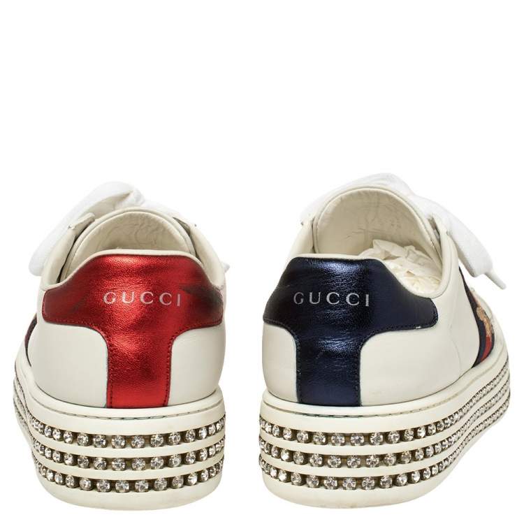 Pre Owned Gucci White Leather Ace Crystal Embellished Platform Sneakers Size 38