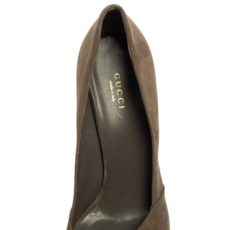 Pre Owned Gucci Dark Grey Suede Bow Peep Toe Pumps Size 39