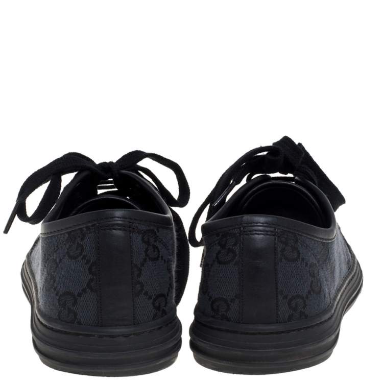 Pre Owned Gucci Black/ Blue Leather GG Canvas And Leather Low Top Sneakers Size 36