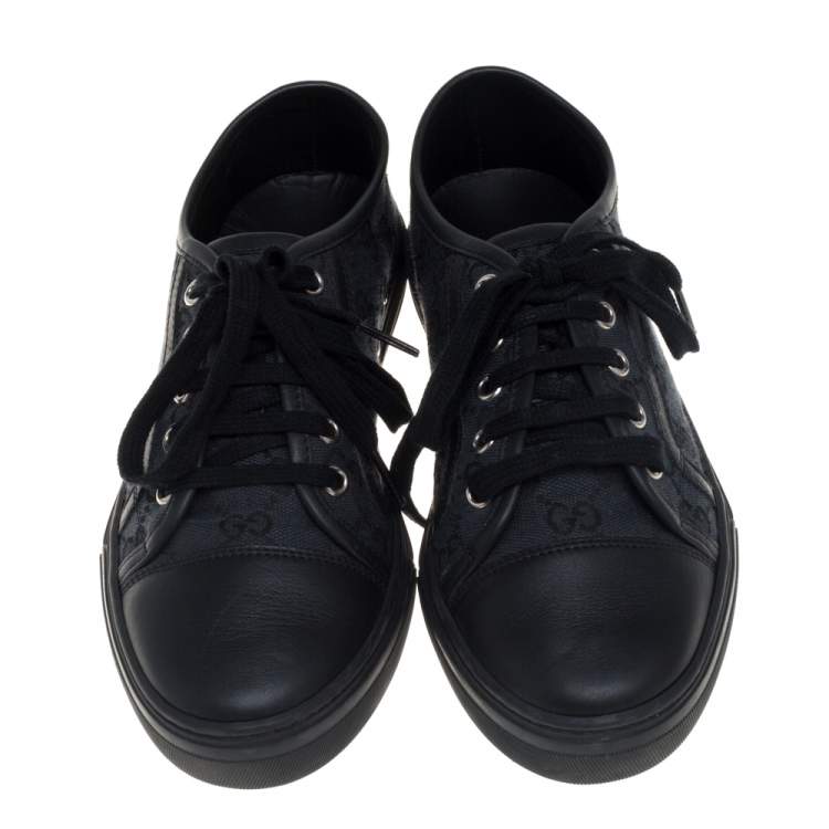 Pre Owned Gucci Black/ Blue Leather GG Canvas And Leather Low Top Sneakers Size 36