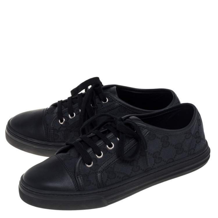 Pre Owned Gucci Black/ Blue Leather GG Canvas And Leather Low Top Sneakers Size 36
