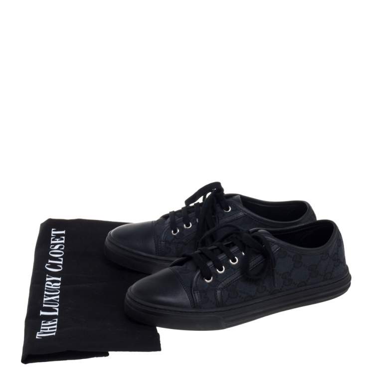 Pre Owned Gucci Black/ Blue Leather GG Canvas And Leather Low Top Sneakers Size 36