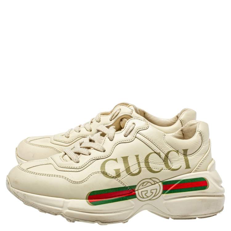 Pre Owned Gucci Cream Leather Trainer Sneakers Size 35.5