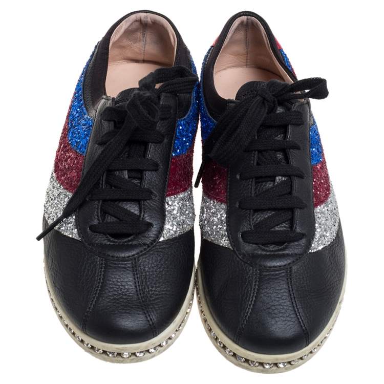 Pre Owned Gucci Multicolor Glitter And Leather Bowler Sneakers Size 37