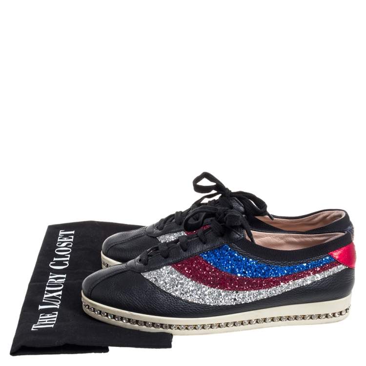 Pre Owned Gucci Multicolor Glitter And Leather Bowler Sneakers Size 37