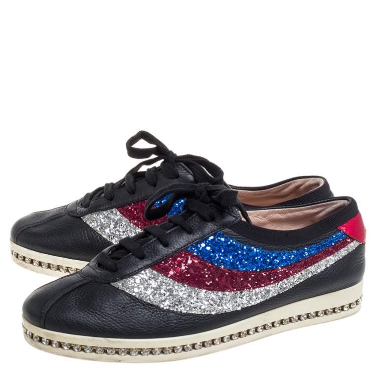 Pre Owned Gucci Multicolor Glitter And Leather Bowler Sneakers Size 37