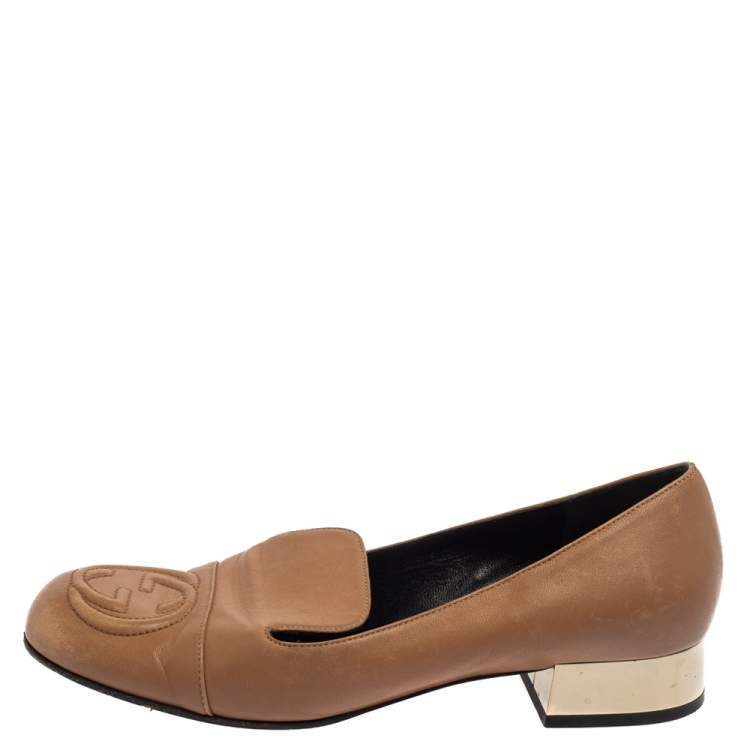 Pre Owned Gucci Brown Leather Soho GG Loafers Size 37 