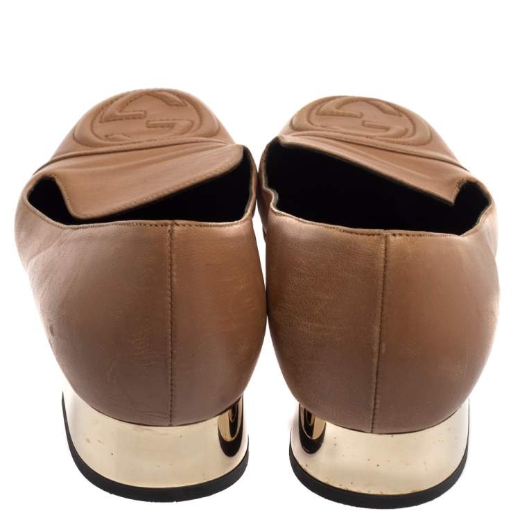 Pre Owned Gucci Brown Leather Soho GG Loafers Size 37 