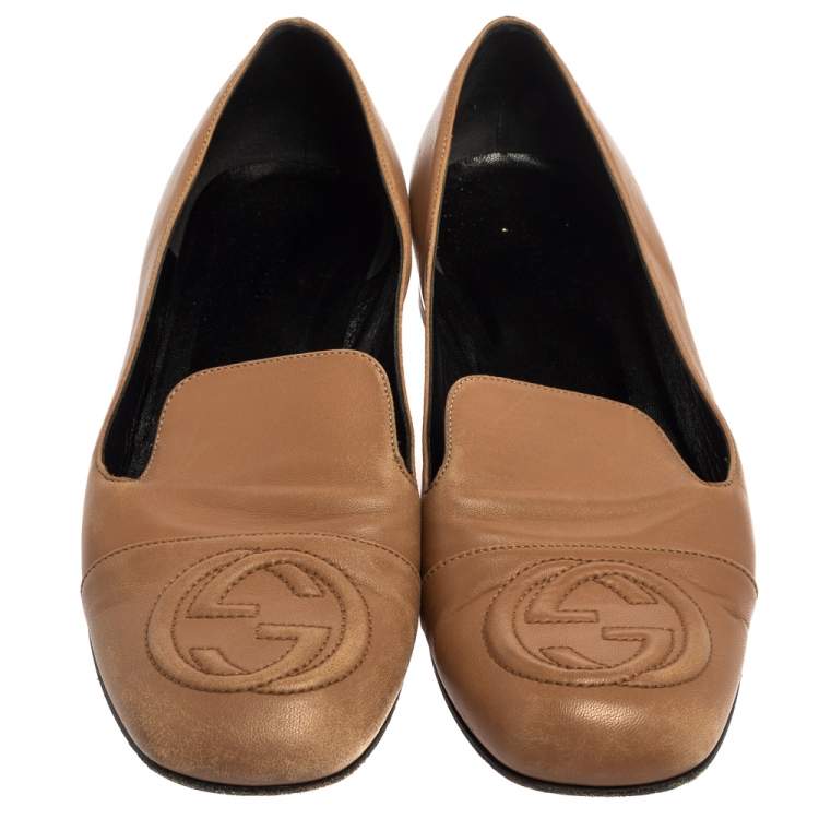 Pre Owned Gucci Brown Leather Soho GG Loafers Size 37 