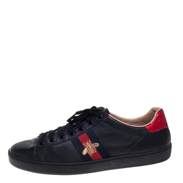 Pre Owned Gucci Black Leather Ace Web Low Top  Sneaker Size 39.5